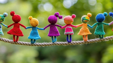 A vibrant display of colorful knitted dolls holding hands on a rope, showcasing art and creativity in a natural outdoor setting. Perfect for themes of unity and friendship.の素材