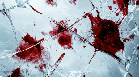 This captivating abstract image features shattered glass pieces with vivid red splatters, creating a dramatic and intense atmosphere perfect for storytelling.の素材
