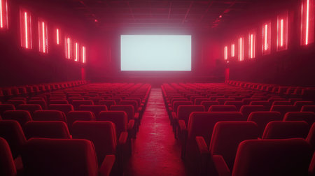 A striking image of an empty movie theater featuring rows of red seats, soft lighting, and a blank screen, inviting viewers into an immersive cinematic experience.の素材