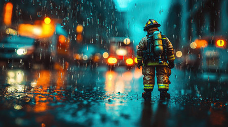 A solitary firefighter stands in a rain-soaked city street at night. The blurred lights create a vivid backdrop, emphasizing the courage and bravery in emergency response.の素材