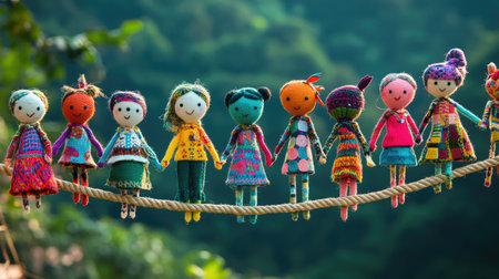 A vibrant collection of handmade dolls lined on a rope, set against a lush green backdrop. These colorful figures represent traditional craftsmanship and creativity.の素材