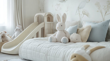 A serene nursery featuring soft bedding, plush toys, and a playful slide. This warm and inviting space is perfect for creating lasting memories.の素材
