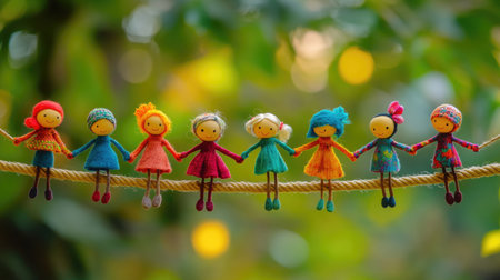 A vibrant collection of colorful handmade dolls stands in line, depicting unity and joy. This playful scene highlights artistic craftsmanship set against a blurred green backdrop, perfect for showcasing creativity and friendship.の素材
