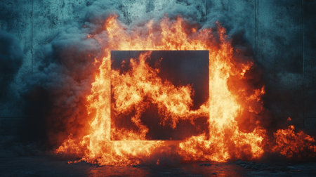 A mesmerizing square frame engulfed in vivid flames and billowing smoke creates a captivating scene, blending chaos with artistic beauty.の素材