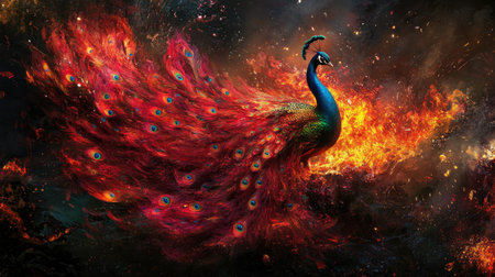 A striking illustration of a peacock showcasing its vibrant feathers against a dramatic and fiery background, capturing the essence of beauty and creativity.の素材