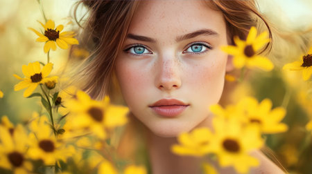 A captivating portrait of a young woman with striking blue eyes, framed by vibrant yellow flowers. The image captures beauty and tranquility in nature.の素材