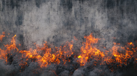 A dramatic scene showcasing intense flames rising from the ground, surrounded by swirling smoke and ash against a textured grey background.の素材