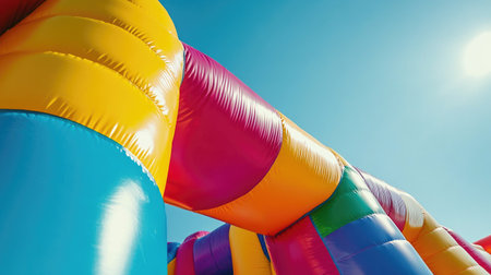 A vivid and playful perspective of a colorful inflatable structure set against a clear blue sky, exuding fun and excitement for children and families.の素材