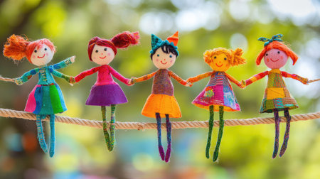 A delightful scene featuring colorful handcrafted dolls holding hands, set against a vibrant outdoor backdrop that exudes joy and creativity.の素材