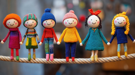 This enchanting image showcases a line of colorful handmade dolls with joyful expressions, dressed in cozy knitted outfits. Perfect for capturing whimsy and warmth.の素材