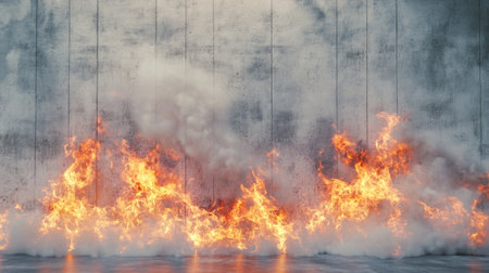 This captivating image features a vivid flame burst against a textured gray concrete wall, with swirling smoke adding drama, ideal for creative projects.の素材