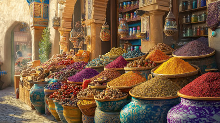 Explore a colorful marketplace filled with vibrant spices and traditional jars, showcasing the rich culture and lively atmosphere of Moroccan trade.の素材