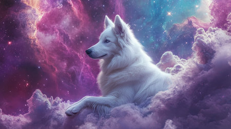 A stunning portrait of a majestic white dog resting amidst vibrant cosmic clouds and a colorful galaxy, embodying serenity and fantasy in a dreamlike atmosphere.の素材