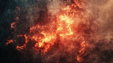 Captivating image of vibrant flames and smoke set against a dark grunge texture, perfect for artwork, backgrounds, and dramatic visual projects.の素材
