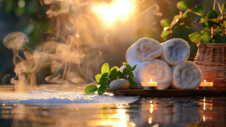 Experience ultimate relaxation in this serene spa setting featuring rolled towels, soft candles, fresh mint, and gentle steam, surrounded by nature's tranquility.の素材
