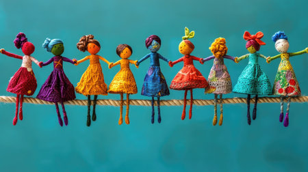 A vibrant display of colorful handcrafted dolls symbolizes diversity and unity. Perfect for art enthusiasts, crafts lovers, or cultural celebrations, this image showcases creativity in a joyful and playful way.の素材