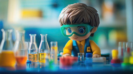 A young boy in safety glasses explores a colorful science experiment at a laboratory table, showcasing curiosity and playful learning in a vibrant educational setting.の素材