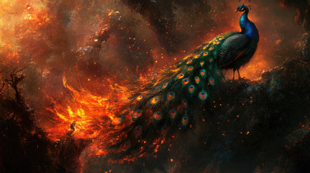 A stunning depiction of a peacock standing in a fiery landscape, showcasing its vibrant feathers. The scene blends natural beauty with cosmic elements, creating an enchanting atmosphere.の素材