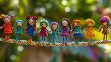 A delightful collection of colorful handcrafted dolls stands hand in hand on a rope, surrounded by a lush green backdrop, showcasing creativity and joy.の素材