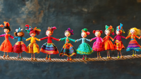 A vibrant display of colorful handcrafted dolls holding hands on a rope, showcasing traditional textile art with unique designs and cheerful expressions.の素材