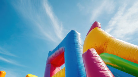 Colorful inflatable structures rise against a bright blue sky, creating an inviting atmosphere for outdoor fun and joyful activities at events.の素材