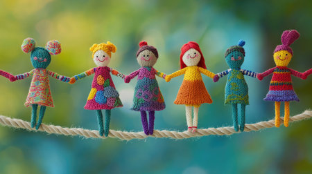 This vibrant image showcases a line of handcrafted dolls, each unique and colorful, representing the themes of friendship and unity in a playful outdoor setting.の素材