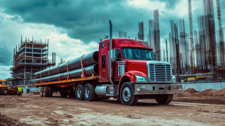 A striking red truck carries large pipes on a construction site under a dramatic sky. Workers are visible in the background, adding to the industrial scene.の素材
