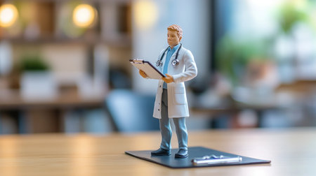 This image features a professional male figure in a white coat, holding a clipboard in a modern healthcare office, symbolizing dedication and care.の素材