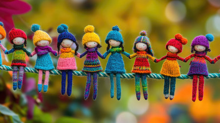 This enchanting image showcases a line of colorful handcrafted dolls made from yarn, capturing a playful and vibrant essence in a beautiful outdoor setting.の素材