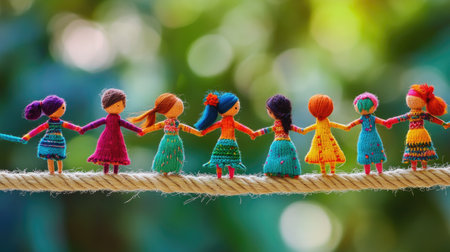 This vibrant image showcases a row of handcrafted dolls standing hand in hand on a rope, highlighting themes of unity and friendship amid a lush green background.の素材