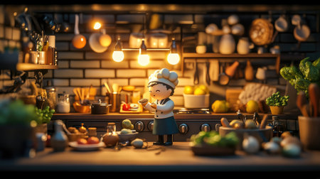 A delightful scene showcasing a miniature chef in a cozy kitchen, surrounded by vibrant ingredients, colorful decor, and cooking tools, perfect for culinary inspiration.の素材