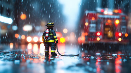 A solitary firefighter stands in the rain on a reflective city street, ready for action. The blurred lights of emergency vehicles in the background enhance the dramatic scene of urban heroism.の素材
