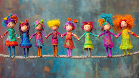 A captivating display of handcrafted dolls with unique outfits and hairstyles, symbolizing diversity, creativity, and friendship on a vibrant background.の素材