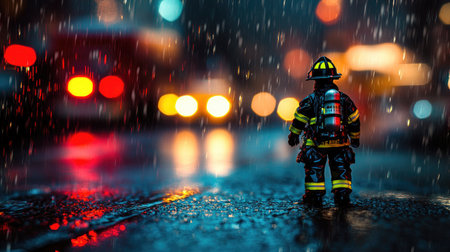 A striking image of a firefighter figurine braving a rainy night, surrounded by blurred urban lights. This scene captures the essence of courage and resilience in emergency response.の素材