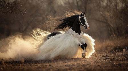 A stunning black and white horse gallops through a dusty landscape, capturing the essence of freedom under warm golden hour light, creating a captivating atmosphere.の素材