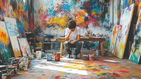 A thoughtful artist sits in a vibrant studio filled with colorful abstract paintings and scattered art supplies, capturing the essence of creativity and expression.の素材