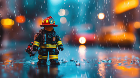 A vibrant toy firefighter figurine stands in the rain on a city street, surrounded by blurred cars and colorful street lights, representing courage and imagination.の素材