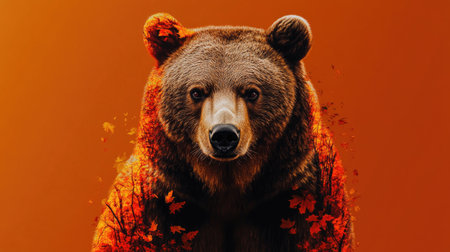 This image features a majestic bear with autumn foliage, set against a warm gradient background. It highlights the beauty of nature and the changing seasons.の素材