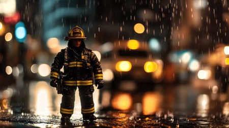 A lone firefighter stands firm in a rain-soaked urban landscape at night, surrounded by glimmering lights, embodying courage and resilience.の素材