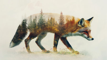 This captivating double exposure image blends a fox with a serene forest, creating an enchanting visual representation of nature's beauty and wildlife.の素材