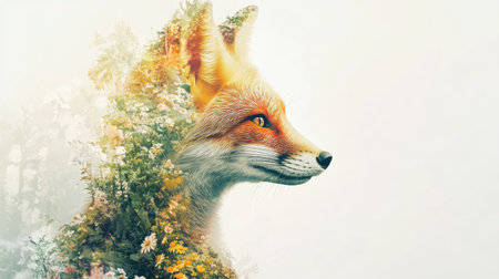 This artistic double exposure image beautifully combines the profile of a fox with blooming flowers and lush greenery, representing a vibrant connection to nature.の素材