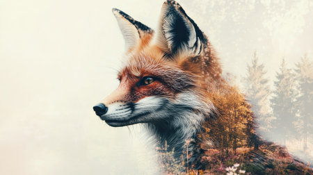 This stunning artistic portrayal features a majestic fox with captivating eyes, set against a softly blurred natural backdrop, evoking tranquility and beauty in wildlife.の素材