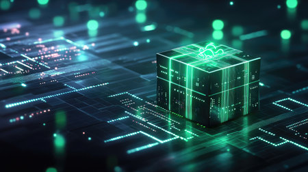 A captivating digital image of a glowing gift box surrounded by green lights and intricate technology patterns, evoking feelings of innovation and celebration.の素材