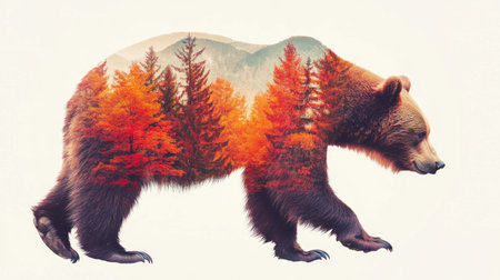 A stunning artistic depiction of a bear silhouette filled with vibrant autumn forest and mountain scenery, symbolizing nature's beauty and harmony.の素材