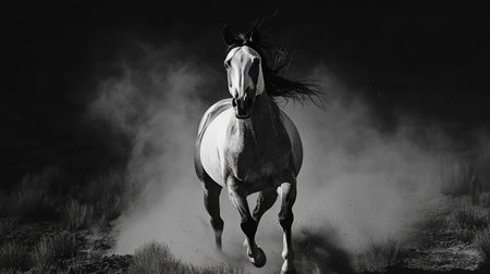 Captivating black and white image of a powerful white horse galloping through a dusty terrain, showcasing freedom and raw energy in nature's embrace.の素材