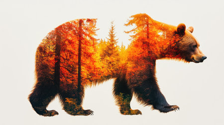 This stunning image features a bear silhouette filled with a vibrant autumn forest scene, showcasing rich orange and yellow hues against a serene backdrop.の素材