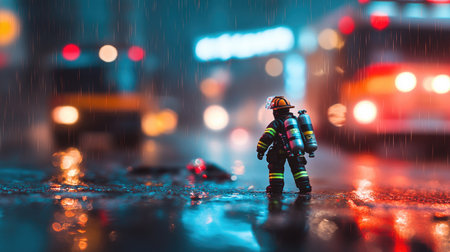 A firefighter figurine stands boldly on a rainy street, capturing the essence of courage and determination against a backdrop of blurry city lights.の素材