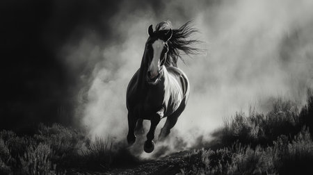 A stunning black and white image of a horse galloping powerfully through a cloud of dust, embodying motion and wild beauty in an outdoor setting.の素材