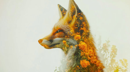 This artistic double exposure captures the striking profile of a fox intertwined with vibrant yellow flowers, showcasing the beauty of nature and wildlife harmoniously blending.の素材