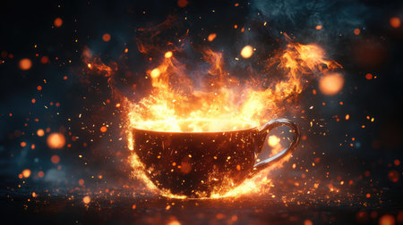 A mesmerizing image featuring a coffee cup erupting with vibrant flames and glowing sparks set against a dark background, perfect for artistic and energetic themes.の素材